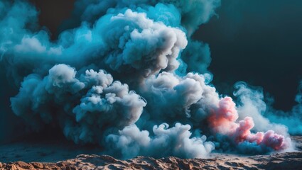 Leinwandbilder - Blue and pink smoke cloud on dark background creating abstract shapes and textures in atmospheric composition