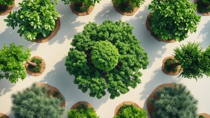 Poster - Aerial view of various green trees with different shapes and sizes arranged in a circular layout on a light background