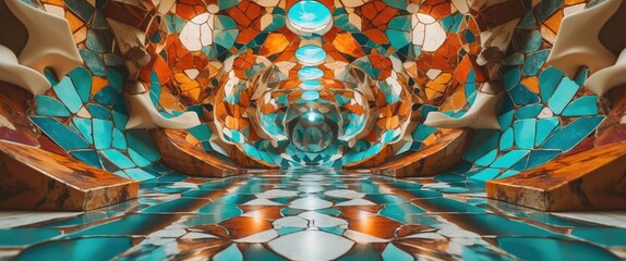 Aufkleber - Interior of a colorful mosaic tiled corridor with vibrant patterns and reflections in a modern architectural setting