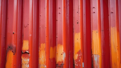 Aufkleber - Rustic red corrugated metal wall texture with visible scratches and paint peeling showing orange streaks