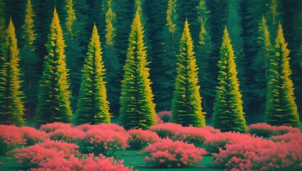 Poster - Lush green forest with tall coniferous trees and vibrant pink flowering shrubs in a natural landscape setting
