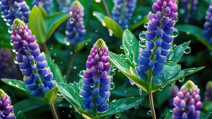 Poster - Close-up view of vibrant purple lupin flowers with water droplets on leaves in a lush green garden setting.