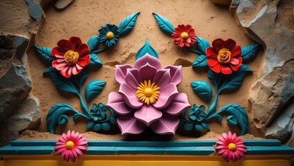 Poster - Colorful decorative wall relief featuring three-dimensional flowers and leaves in pink, red, and teal against a textured background.