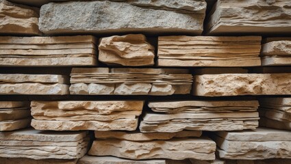 Poster - Textured layers of natural stone bricks arranged in a wall pattern with varying shapes and shades of beige and gray tones