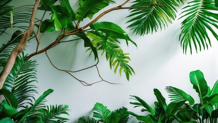 Poster - Tropical foliage background with various green leaves and branches against a light wall creating a natural indoor atmosphere