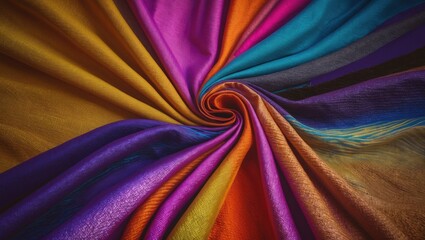 Colorful fabric swirl pattern showcasing vibrant hues of purple, orange, yellow, and teal with smooth texture and depth.