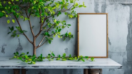 Aufkleber - Indoor scene with leafy tree branches beside empty wooden framed picture on a concrete wall and marble tabletop
