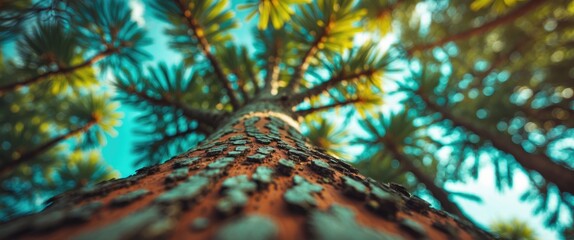 Poster - Looking up at a tall pine tree with textured bark against a blue sky and green foliage in a natural setting.