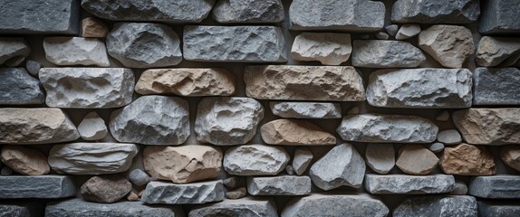Poster - Gray and beige stone wall texture with varied shapes and sizes of natural stones in a masonry pattern