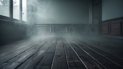 Aufkleber - Interior of an empty room with wooden floor and foggy atmosphere near a window, dimly lit with a mysterious ambiance