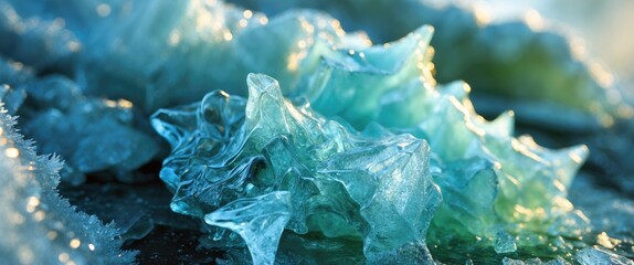 Aufkleber - Close-up of crystalline frozen ice formations with intricate textures and varying shades of blue and green under natural light