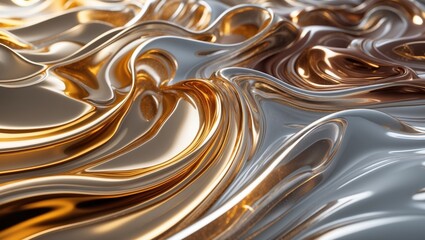 Leinwandbilder - Metallic abstract surface with fluid wave patterns in gold and silver tones reflecting light and creating textures