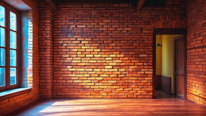 Aufkleber - Interior view of a brick wall with wooden floor and large window producing natural light in a vacant room