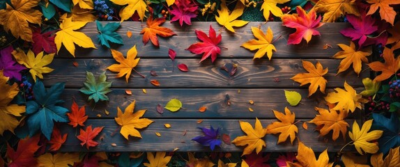 Poster - Colorful autumn leaves arranged on wooden surface background with vibrant hues of red, orange, yellow and green foliage