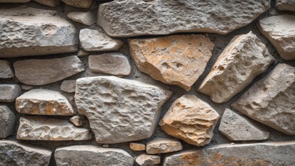 Poster - Textured rustic stone wall background with various shapes and colors of natural stones arranged in a random pattern