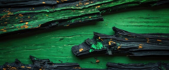 Aufkleber - Textured close-up of weathered wooden panels showing black and green paint with orange and green peeling details