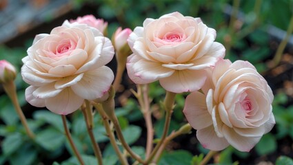Poster - pink roses in bloom with soft petals and green foliage in the background natural garden setting high quality close up image