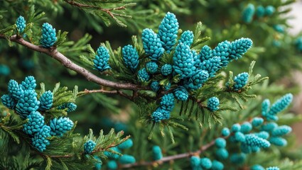 Poster - Close-up of vibrant blue pine cones nestled among lush green pine foliage in natural setting.