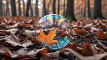 Poster - Autumn scene with colorful soap bubble resting on fallen leaves in a forest setting with blurred trees in the background