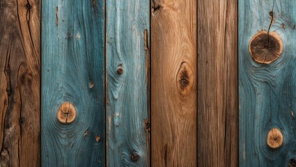 Poster - Wooden planks texture in blue and brown hues with natural patterns and knots suitable for background or design use.