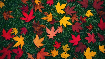 Poster - Colorful autumn leaves scattered on green grass creating a vibrant seasonal landscape background