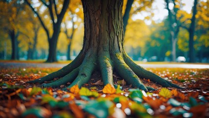 Poster - Autumn scene featuring a large tree trunk with expansive roots surrounded by fallen leaves and greenery in a park setting