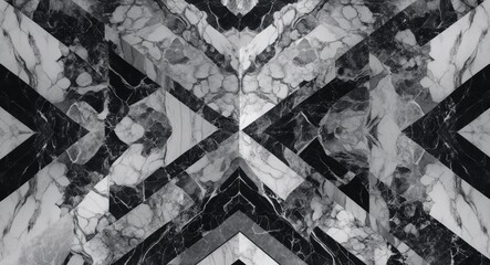 Aufkleber - Black and white geometric patterned marble texture with angular shapes and varied veining design in a symmetrical layout