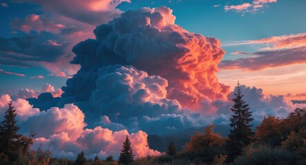 Aufkleber - Dramatic sunset clouds with vibrant colors and silhouettes of pine trees in the foreground against a mountainous landscape