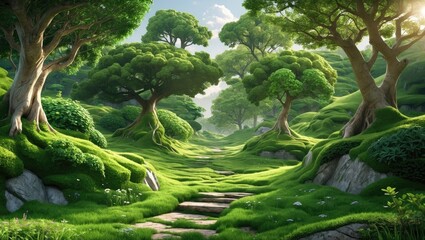Poster - Lush green forest pathway with trees and rocks under bright sky in peaceful natural setting