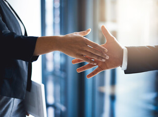 Aufkleber - Business, handshake and deal for people, opportunity and closeup of partnership in meeting or agreement. Shaking hands, employee or gesture for client in office, congratulations or together for sales