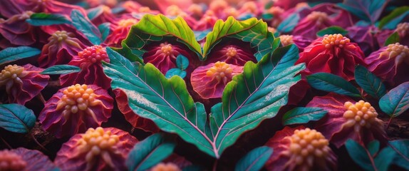 Poster - Close-up of colorful leaves forming a heart shape amidst vibrant flowers and foliage in an outdoor natural setting.
