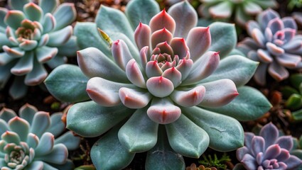 Poster - Succulent plants arrangement featuring Echeveria species with pastel colors and intricate leaves in a natural setting.