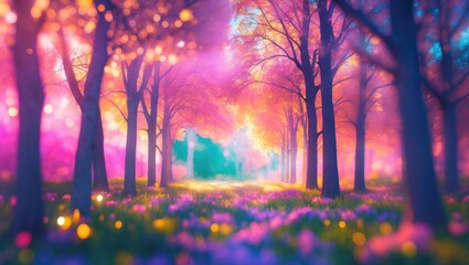 Poster - Vibrant forest landscape with colorful trees and flowers under soft sunlight and dreamy atmosphere