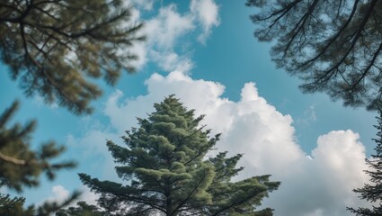 Aufkleber - tall evergreen trees against a blue sky with fluffy white clouds viewed from a low angle in a forest setting