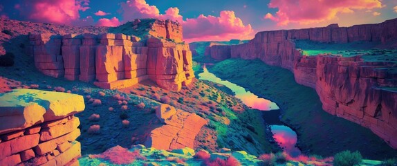 Aufkleber - Vibrant sunset over a canyon landscape with dramatic cliffs and a meandering river reflecting colorful clouds in the sky