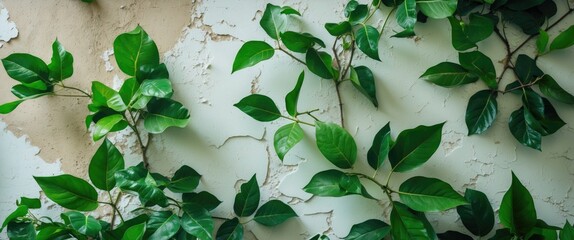 Poster - Green leaves against a textured wall with peeling paint creating a natural and rustic background environment