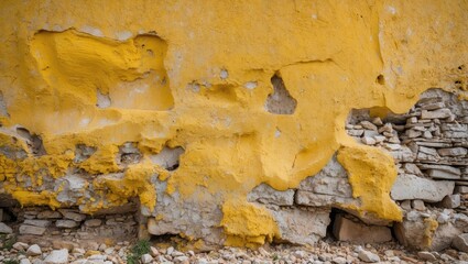 Poster - Textured and weathered yellow wall with peeling paint and exposed stonework in a rustic setting.