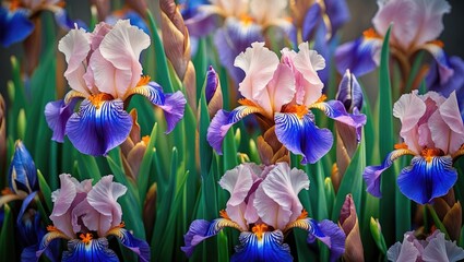 Poster - colorful irises in bloom displaying pink and purple petals with green foliage in a garden setting