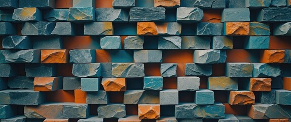 Poster - textured wall of stacked stone blocks in various shades of blue and orange arranged in a geometric pattern