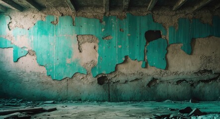 Aufkleber - Textured turquoise wall with peeling paint in an abandoned room showcasing deterioration and neglect with debris on the floor
