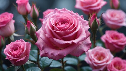 Poster - Pink roses with buds surrounded by green leaves in a garden setting.