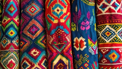 Poster - Colorful traditional textile patterns in vibrant hues arranged vertically showcasing intricate designs and craftsmanship