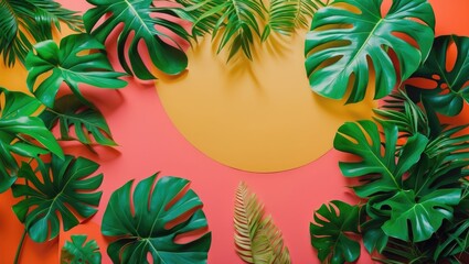 Poster - Tropical leaves arrangement on vibrant pink and yellow background with circular shape in center for interior or graphic design purposes