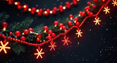 Aufkleber - Christmas decoration with red baubles, fir branches, and star-shaped lights on a dark background