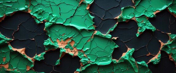 Aufkleber - Abstract close-up of peeling paint in green and black colors revealing brown background texture. High detail and intricate patterns visible.