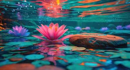 Poster - Underwater scene with pink water lilies and colorful lily pads surrounded by rocks in a tranquil pond setting.