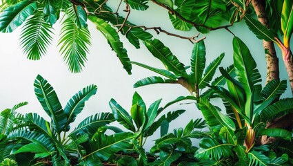 Poster - Lush green tropical foliage with various leaves on a light background in a natural setting