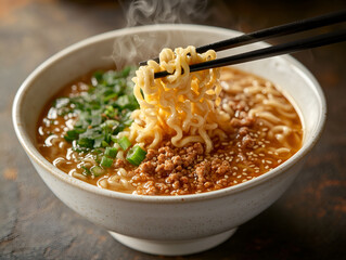 a gourmet bowl of spicy tantanmen ramen with sesame-based broth, ground pork, and fresh green onions