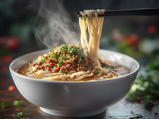 a gourmet bowl of spicy tantanmen ramen with sesame-based broth, ground pork, and fresh green onions