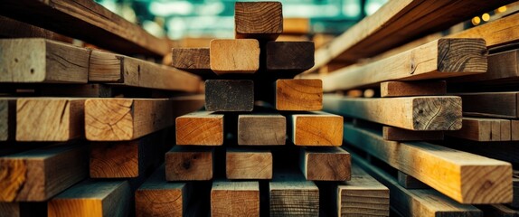 Poster - Stacked wooden planks arranged in different sizes and colors forming a textured background in a warehouse or workshop environment
